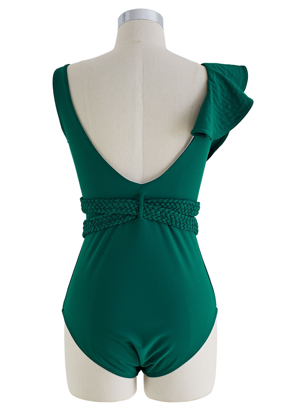 Braided Strap Ruffle Trim Swimsuit in Dark Green