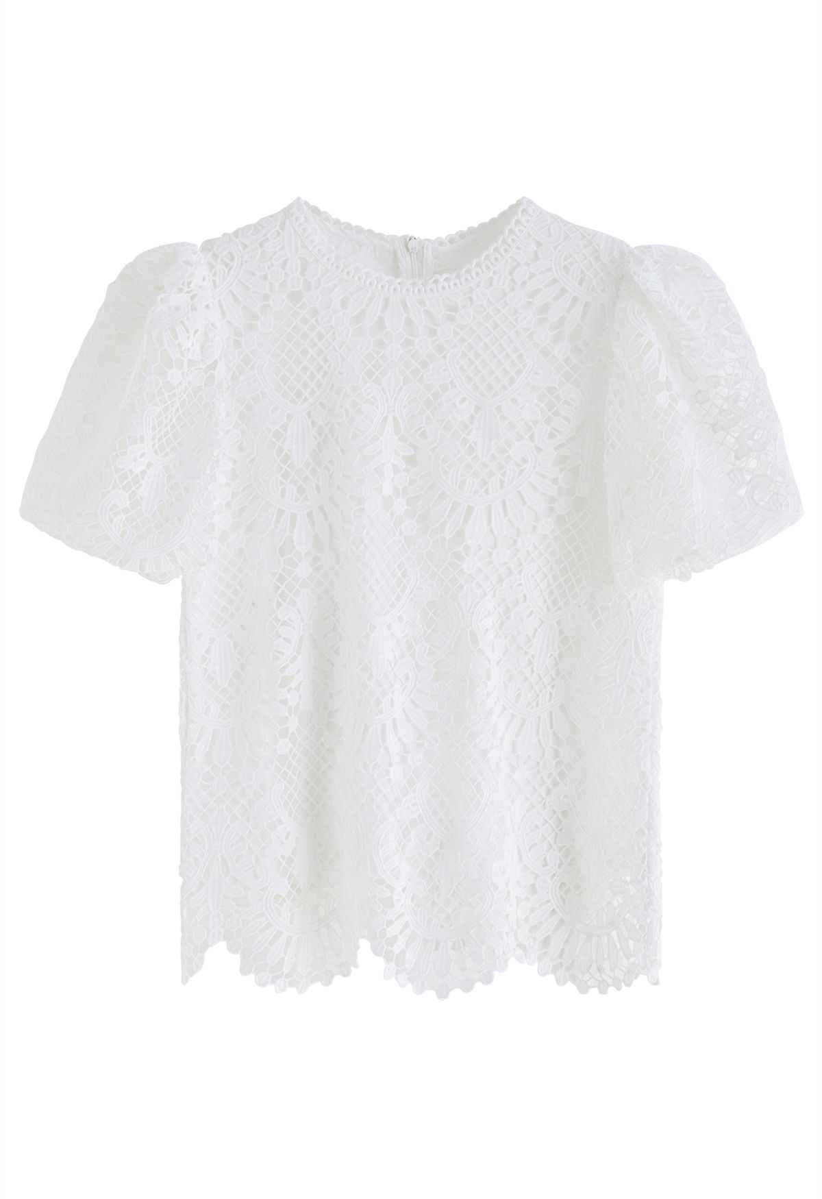 Scallop Edge Bubble Sleeve Crochet Top in White