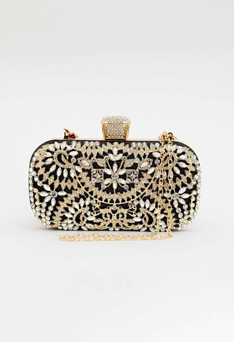 Glittering Floral Rhinestone Inserted Clutch in Black