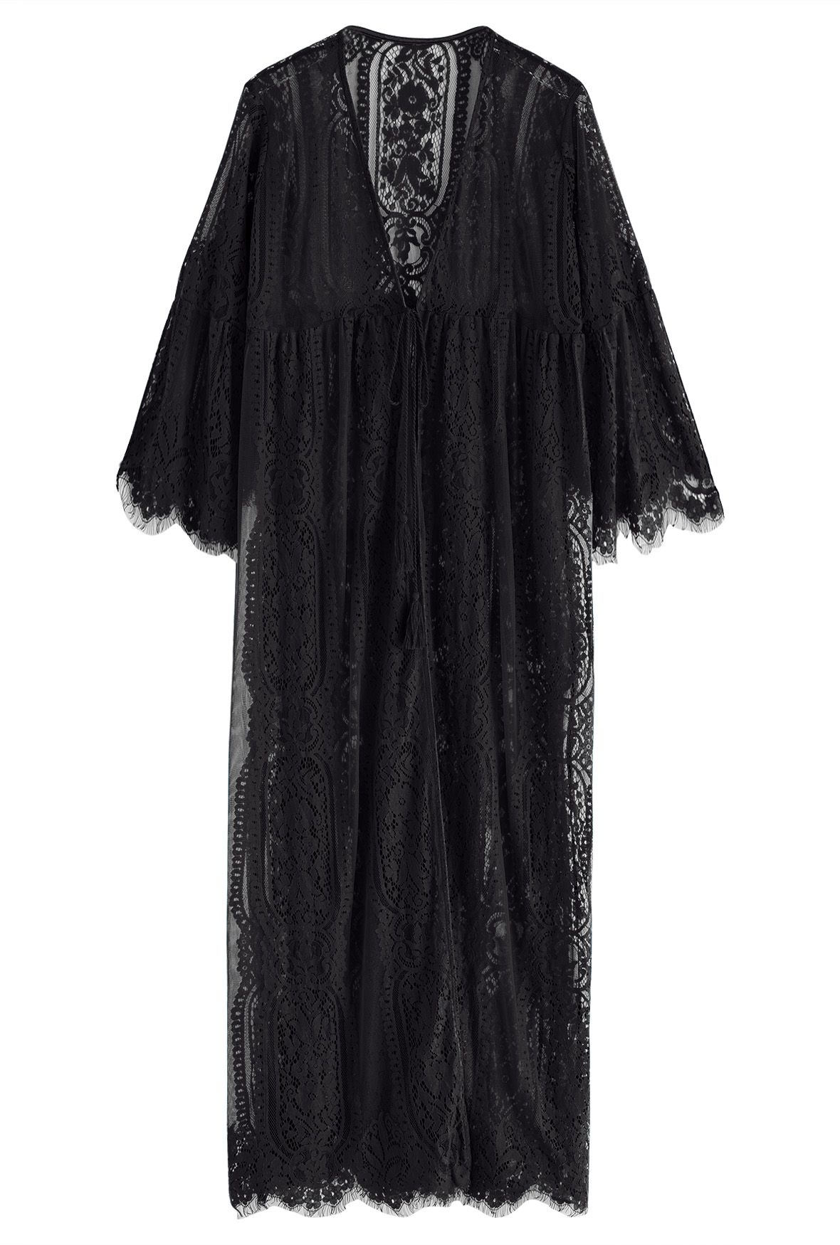 Slit Cuffs Floral Lace Kimono in Black