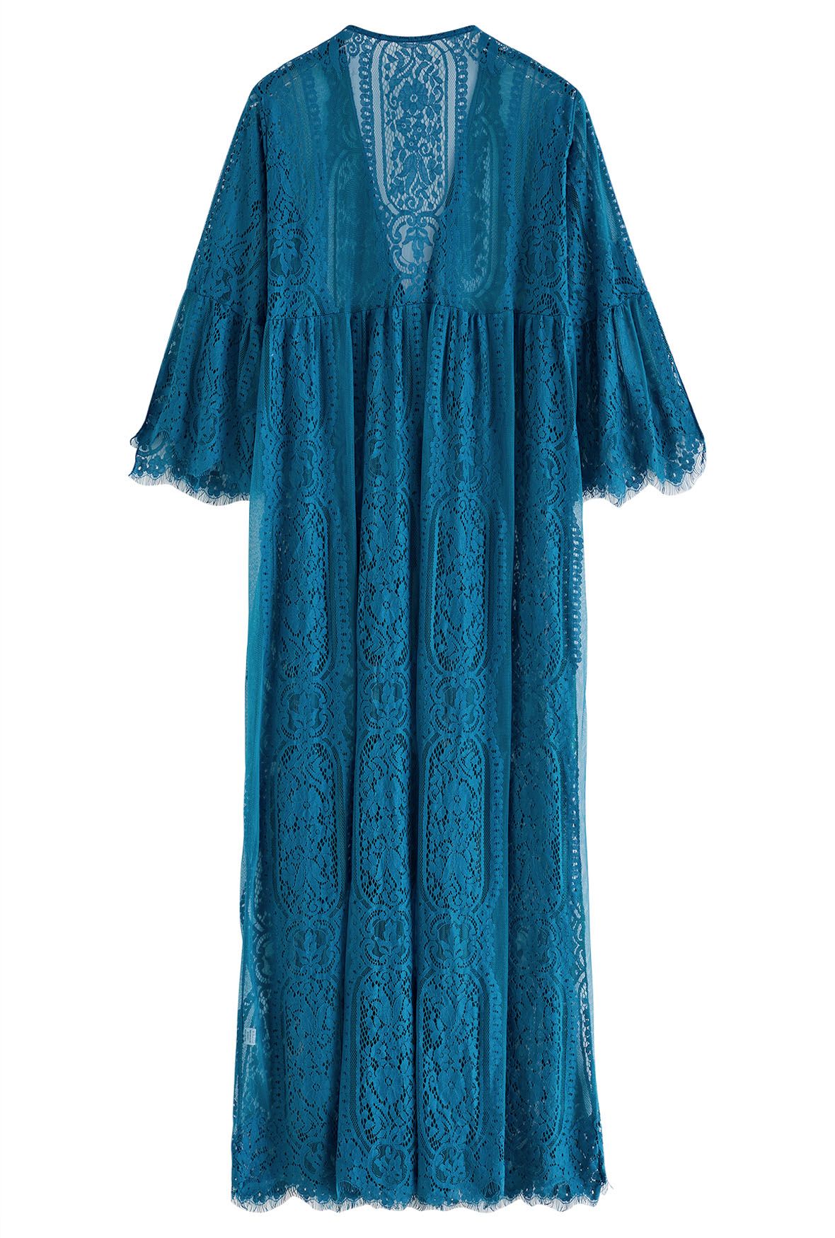 Slit Cuffs Floral Lace Kimono in Teal