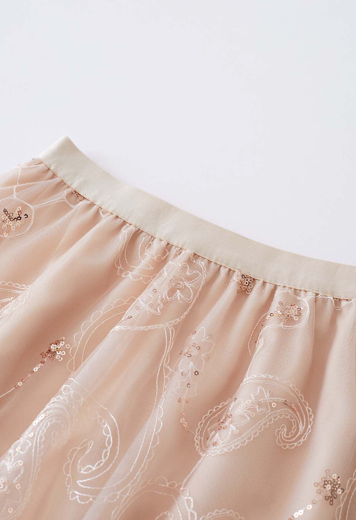 Sequined Embroidered Paisley Mesh Midi Skirt in Apricot