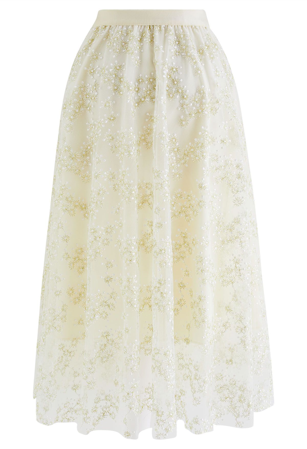 Metallic Embroidered Floret Mesh Midi Skirt in Cream