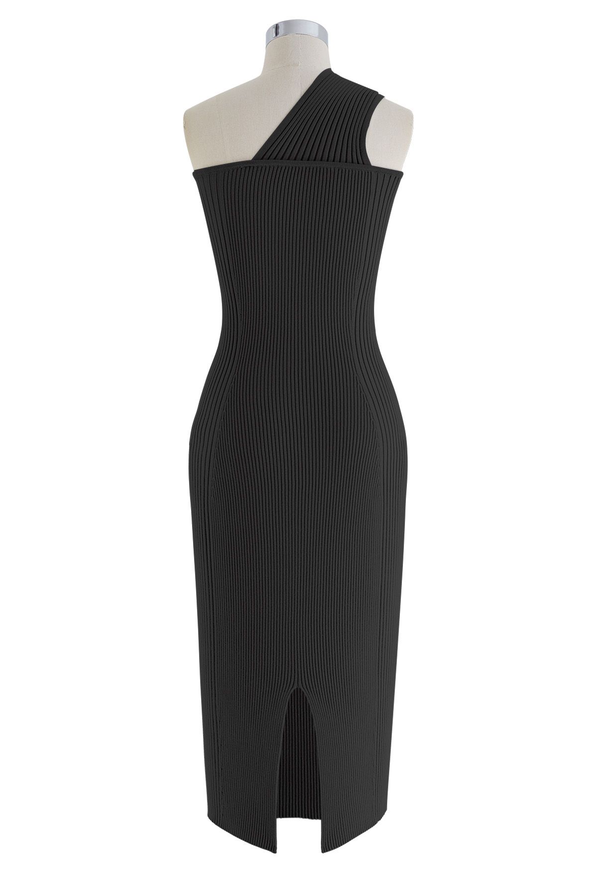 One-Shoulder Knotted Bodycon Knit Dress in Black