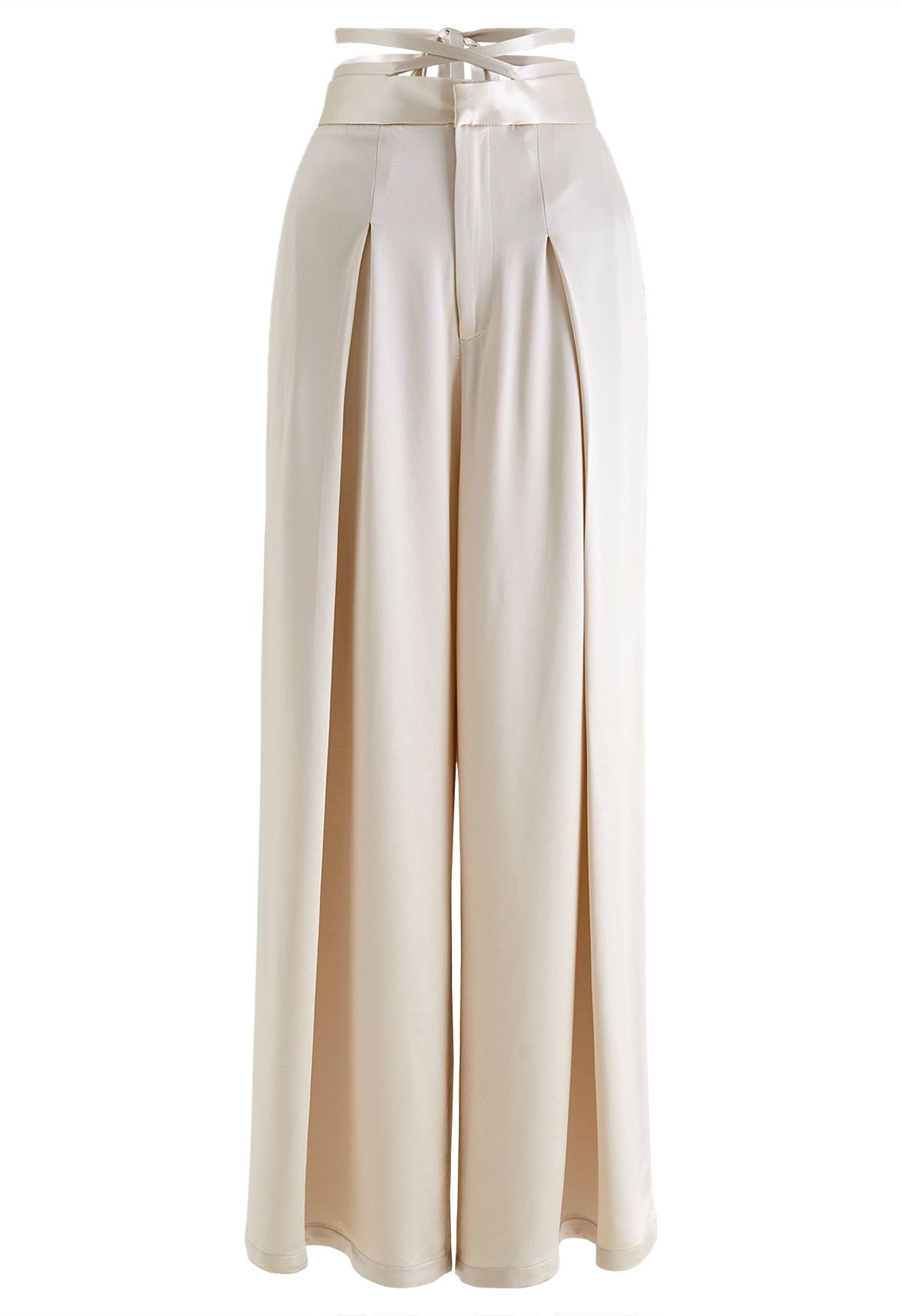 Glossy Crisscross Waist Wide Leg Pants in Champagne