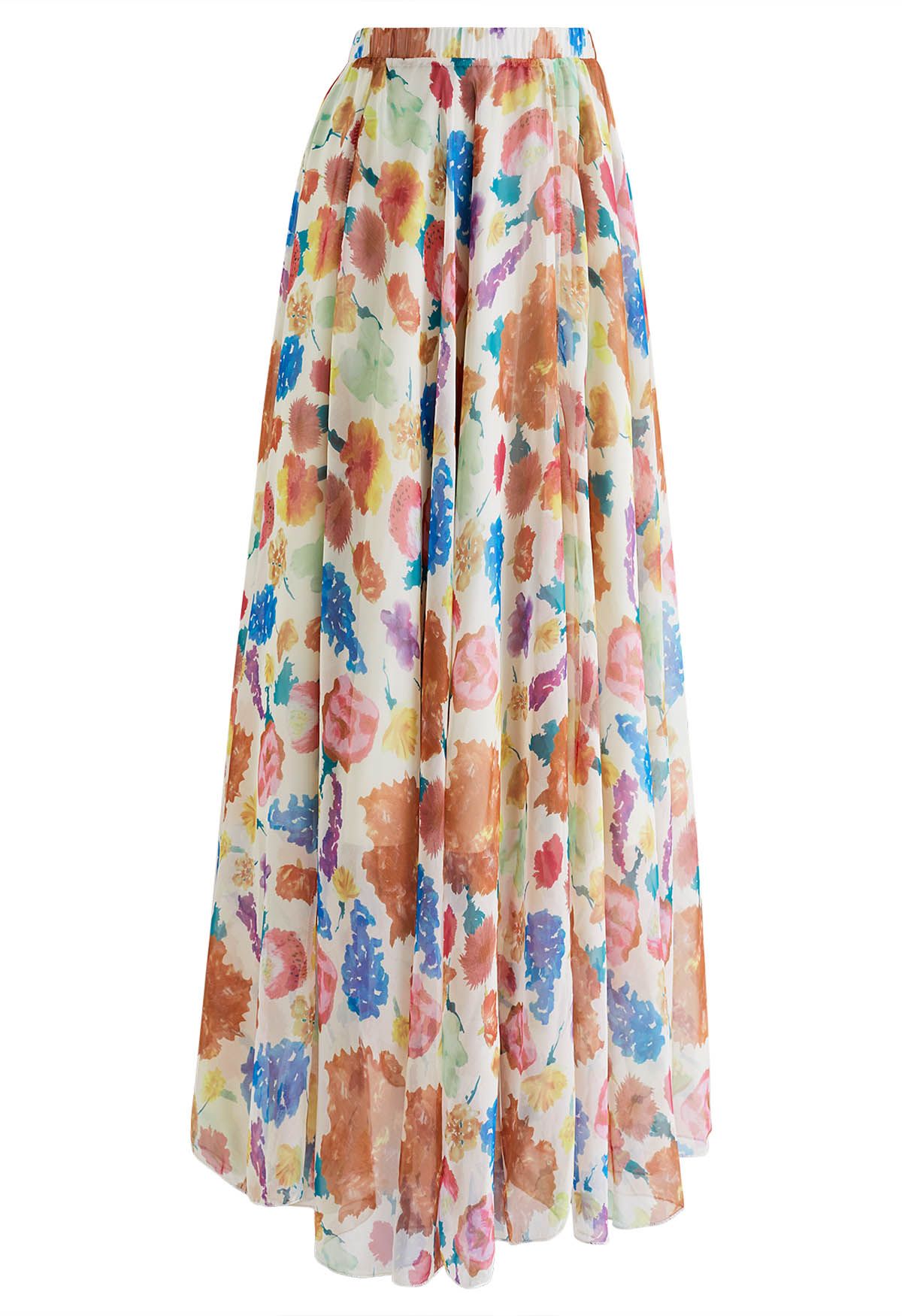 Colorful Blossom Printed Chiffon Maxi Skirt in Light Yellow