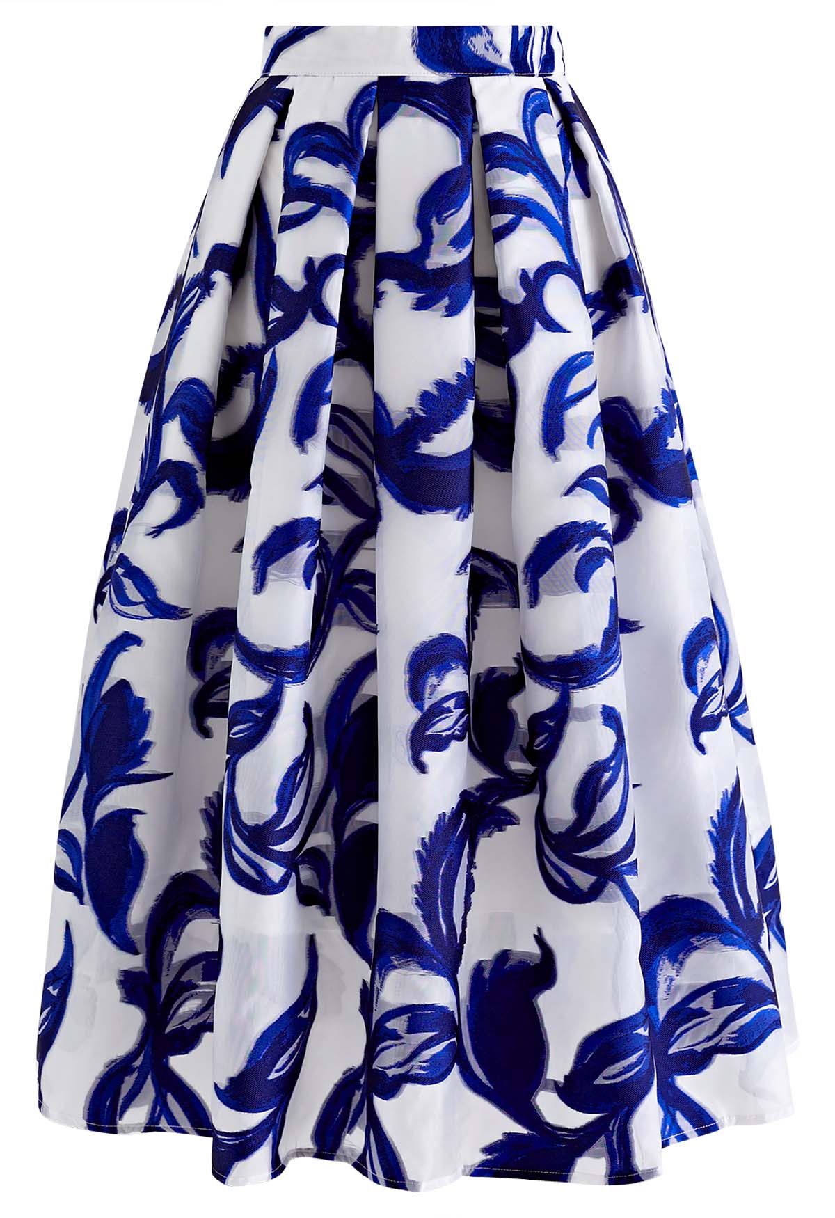 Indigo Vine Jacquard Organza Pleated Midi Skirt