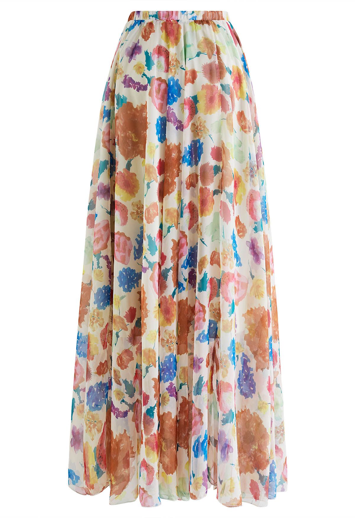 Colorful Blossom Printed Chiffon Maxi Skirt in Light Yellow