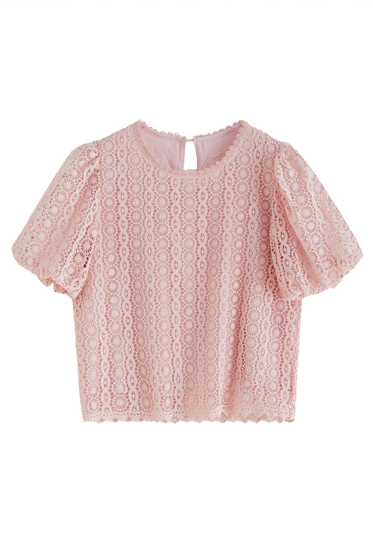 Full Crochet Bubble Short Sleeves Top in Pink