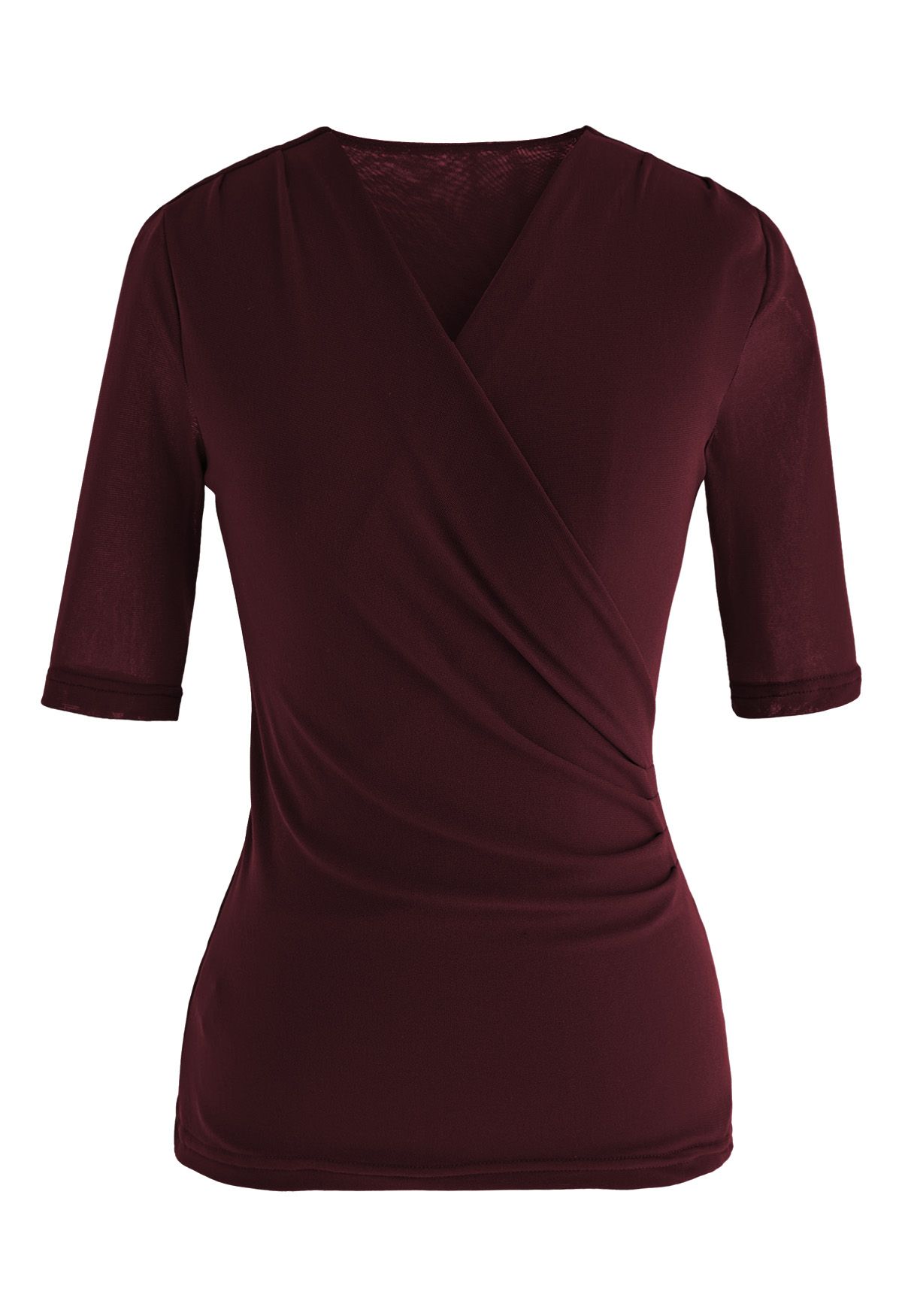 Faux Wrap Soft Mesh Elbow Sleeve Top in Burgundy