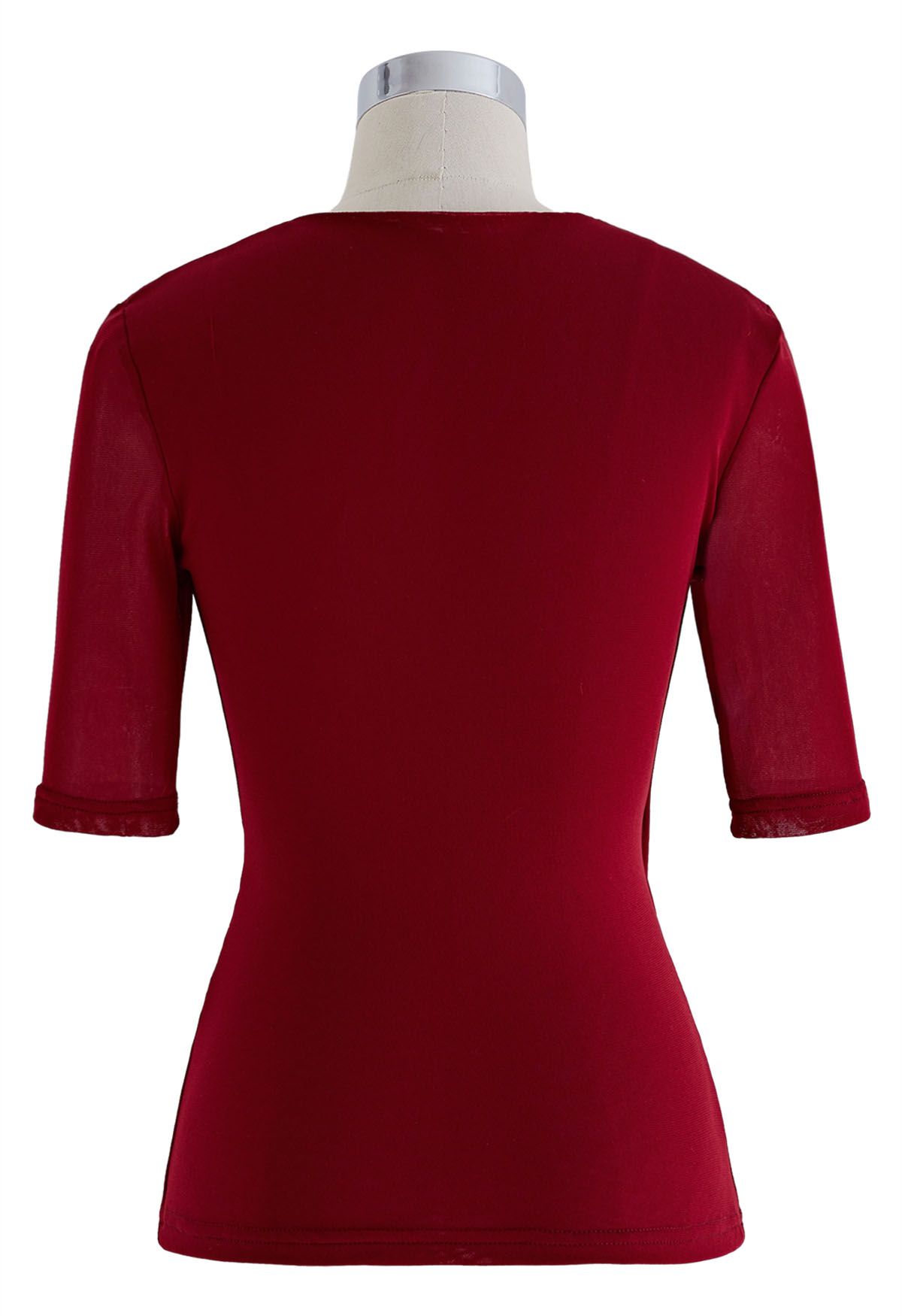 Faux Wrap Soft Mesh Elbow Sleeve Top in Red