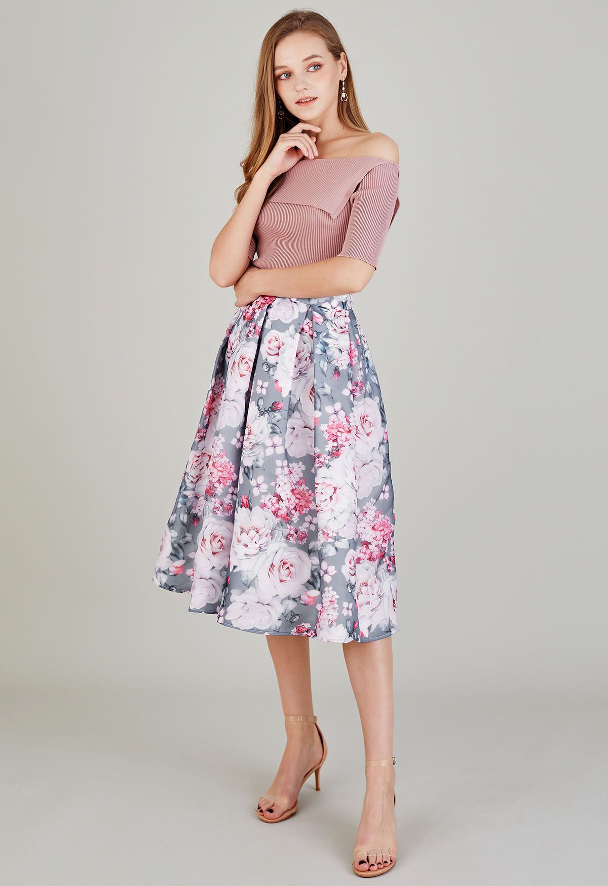 Pink Rose Organza Pleated Midi Skirt