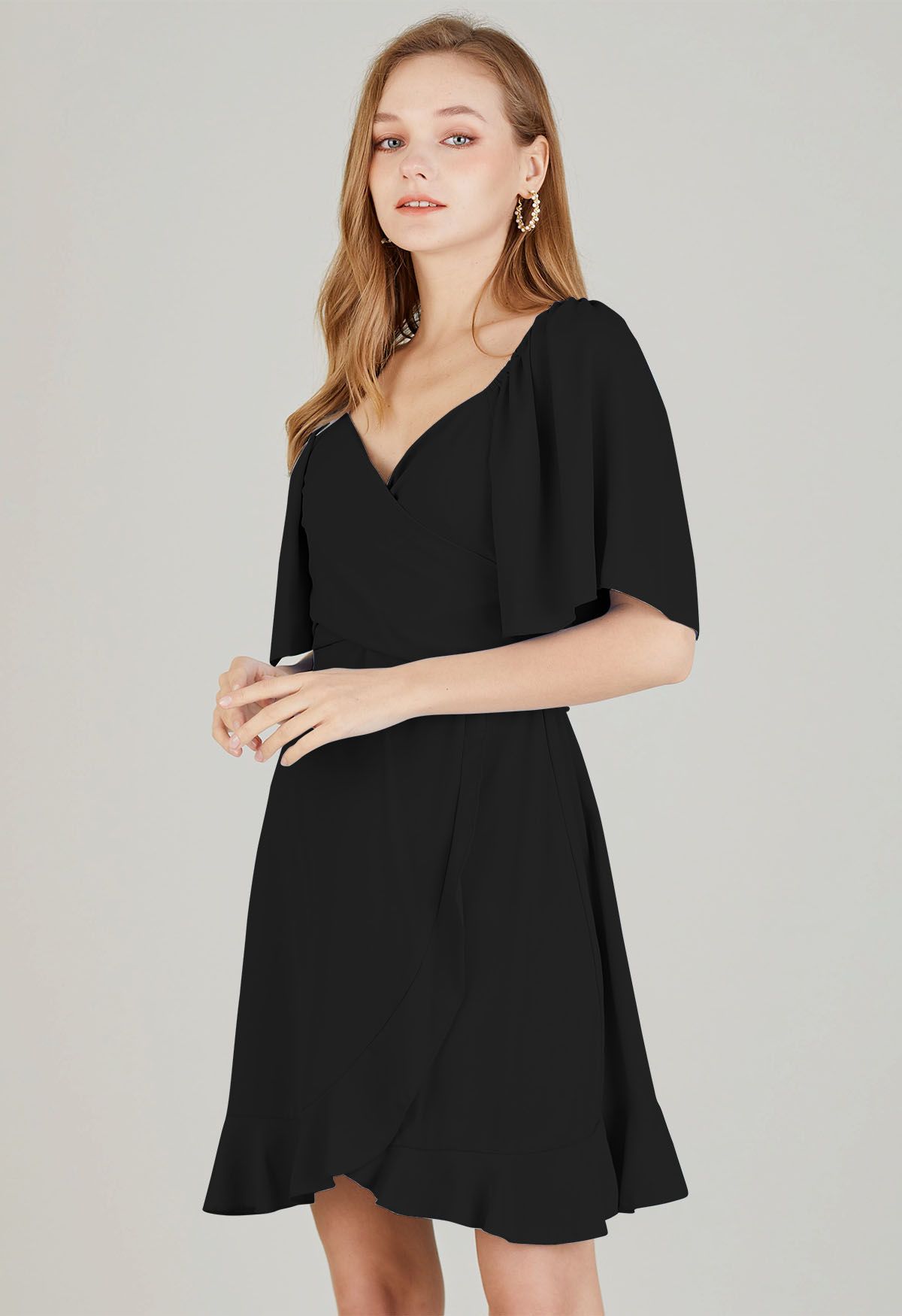 Cross Ribbon Flutter Sleeves Ruffle Dress in Black