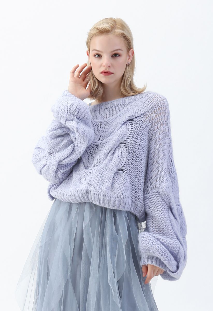 手編みパフスリーブセーター　ブルー