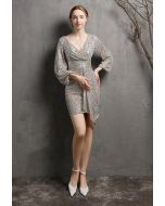 Shimmer Sequin Ruffle Wrap Dress in Silver