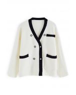 Double-Breasted Contrast Color Cardigan in Ivory