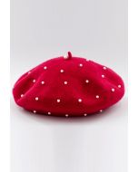 Handmade Pearl Wool Blend Beret Hat in Red