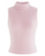 High Neck Fuzzy Knit Tank Top in Pink