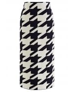 Houndstooth Pattern Back Slit Pencil Skirt in White