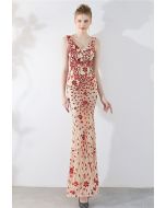 Floral Vine Sequined Mesh Mermaid Gown in Red