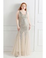 Mesh Panelled Sequined Mermaid Gown in Silver