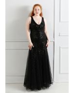 Mesh Panelled Sequined Mermaid Gown in Black