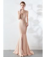 Beaded Bowknot Split Mermaid Satin Gown in Apricot