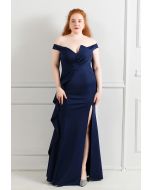 Off-Shoulder Cascade Ruffle Split Satin Gown in Navy