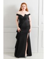 Off-Shoulder Cascade Ruffle Split Satin Gown in Black