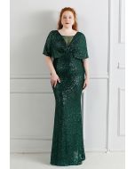 Cape Sleeve Mesh Inserted Sequined Gown in Emerald