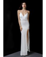 Split Side Sequined Wrap Cami Gown in White