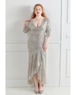 Elbow Sleeve Ruffle Sequined Gown in Silver