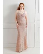 Mesh Inserted Sequined Mermaid Cami Gown in Pink