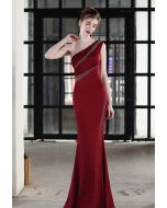 One-Shoulder Colorful Sequin Bodycon Gown in Burgundy