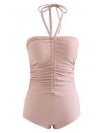 Halter Neck Ruched Front Swimsuit in Nude Pink