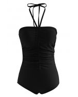 Halter Neck Ruched Front Swimsuit in Black