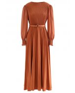 Full Pleated Belted Maxi Dress in Pumpkin