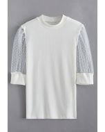 Flock Dots Elbow Sleeves Ribbed Top in White