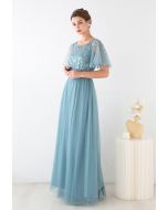 Sequined Vine Flutter Sleeve Mesh Gown in Teal