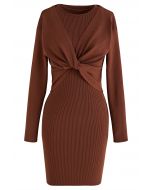 Twist Front Two-Piece Bodycon Knit Dress in Caramel