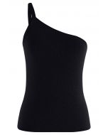 Strappy One-Shoulder Knit Tank Top in Black