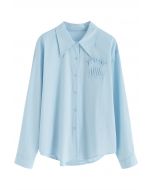 Pleated Patch Bust Cotton Shirt in Blue
