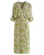 Peony Print Batwing Sleeve Faux-Wrap Dress