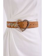 Rhinestone Heart Floral Embroidered Belt