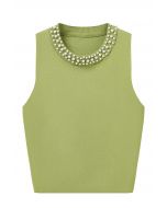 Pearly Neckline Knit Tank Top in Green