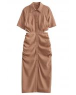 Cutout Waist Side Ruched Shirt Dress in Tan