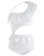 Ruffle One-Shoulder Cutout Swimsuit in White