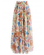 Colorful Blossom Printed Chiffon Maxi Skirt in Light Yellow